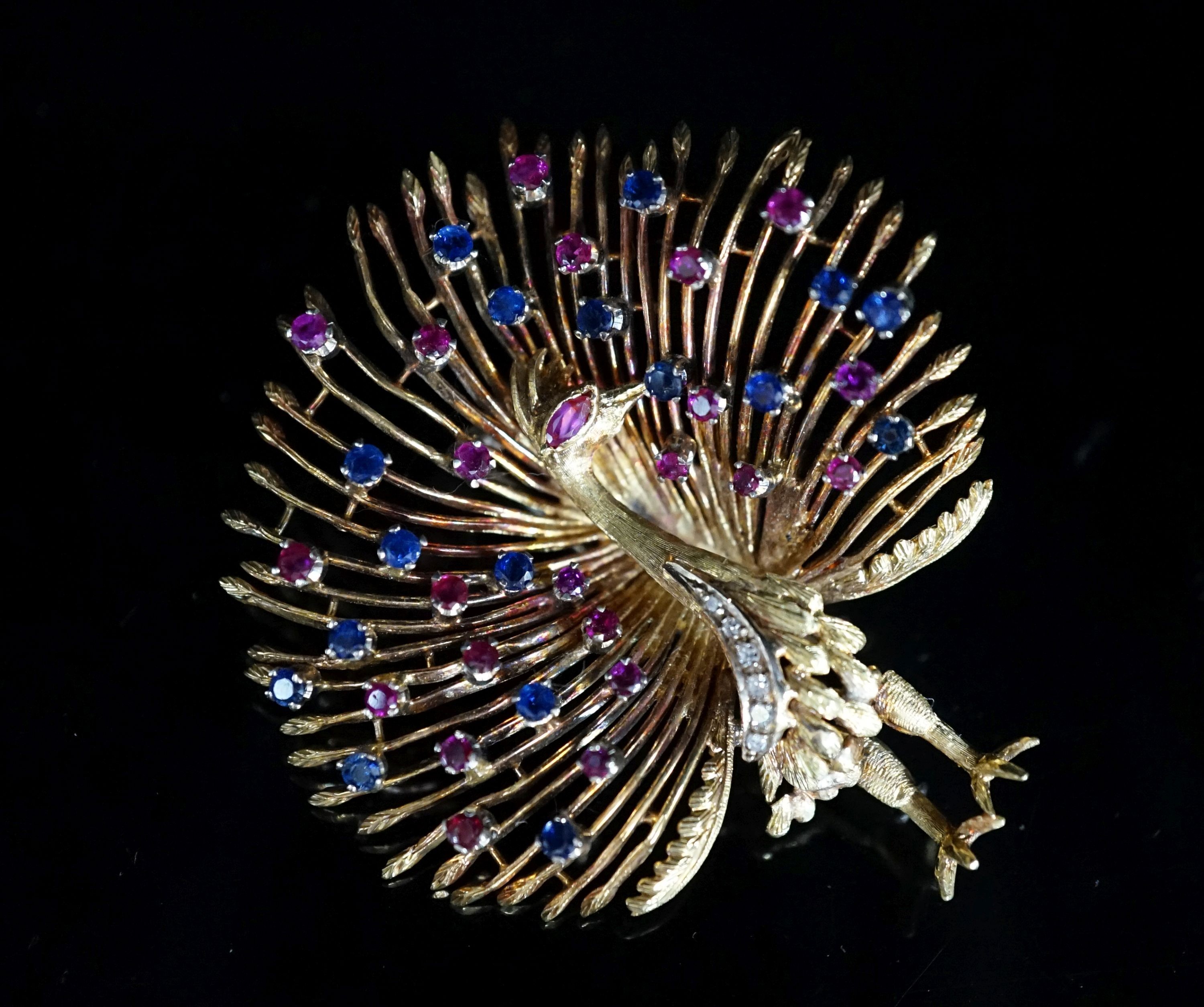 A modern 18k and multi gem set peacock brooch, 61mm, 29.7 grams gross
